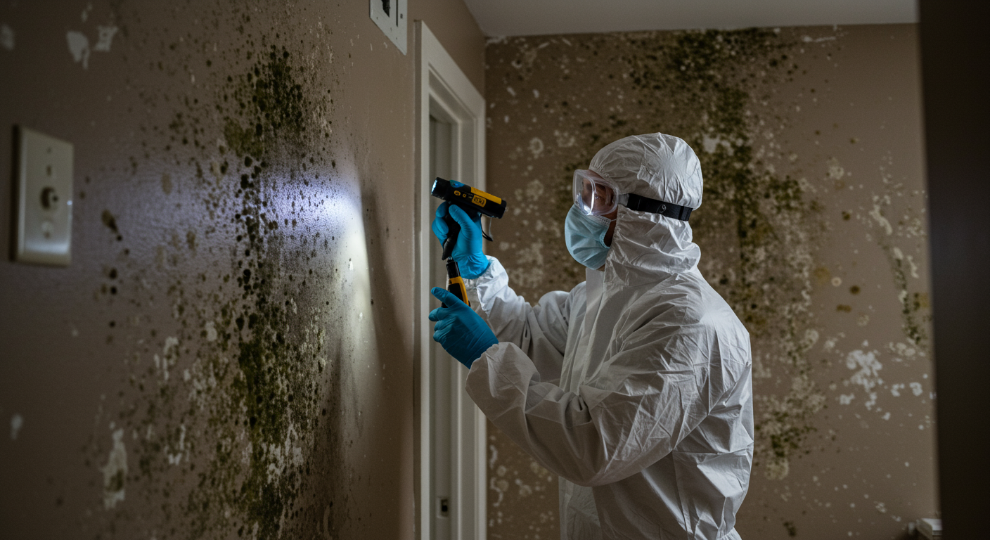 A professional mold technician in protective gear inspecting a wall with visible mold patches in a well-lit Pasadena home.