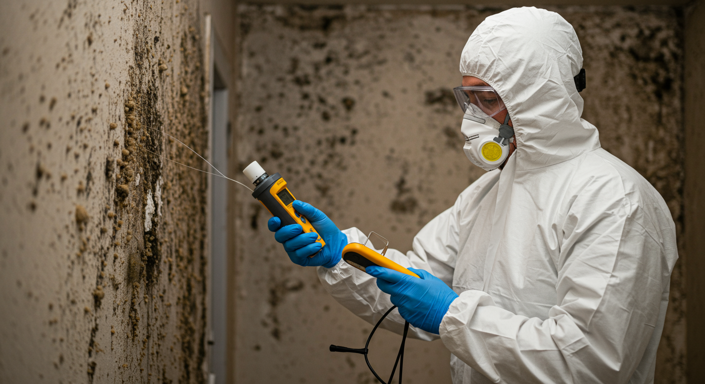 A professional mold inspector in protective gear using specialized equipment to assess a mold-affected area in a Los Angeles home.