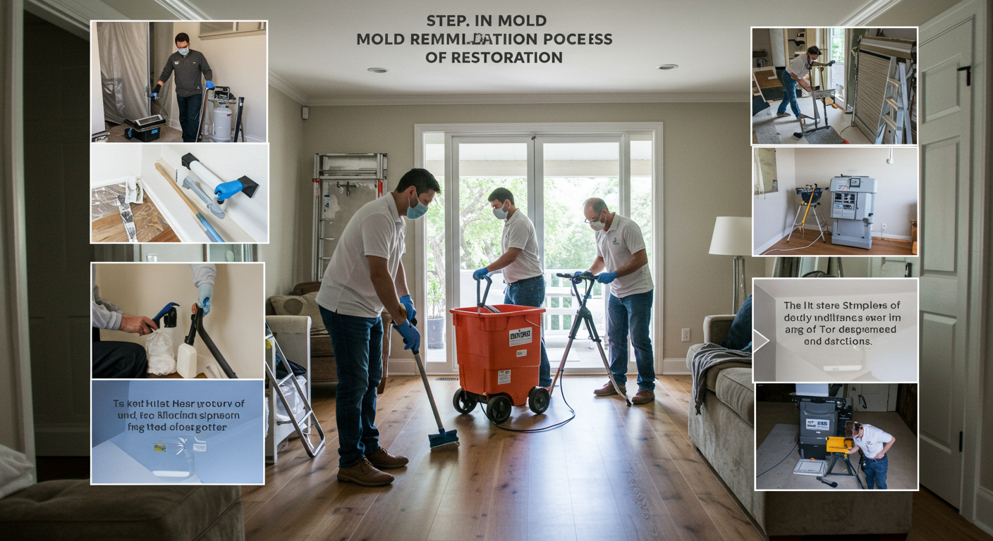 A step-by-step depiction of the mold remediation process, showing containment, cleaning, and restoration. The image features a professional team working in a Los Angeles home, with tools and equipment visible.