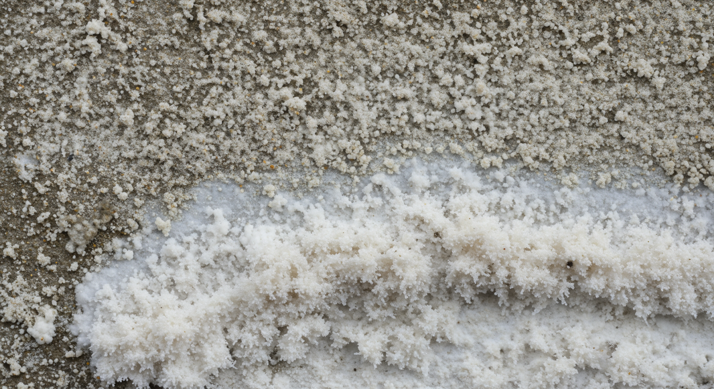 A close-up shot of white mold growing on a damp wall, showcasing its fuzzy texture and color.