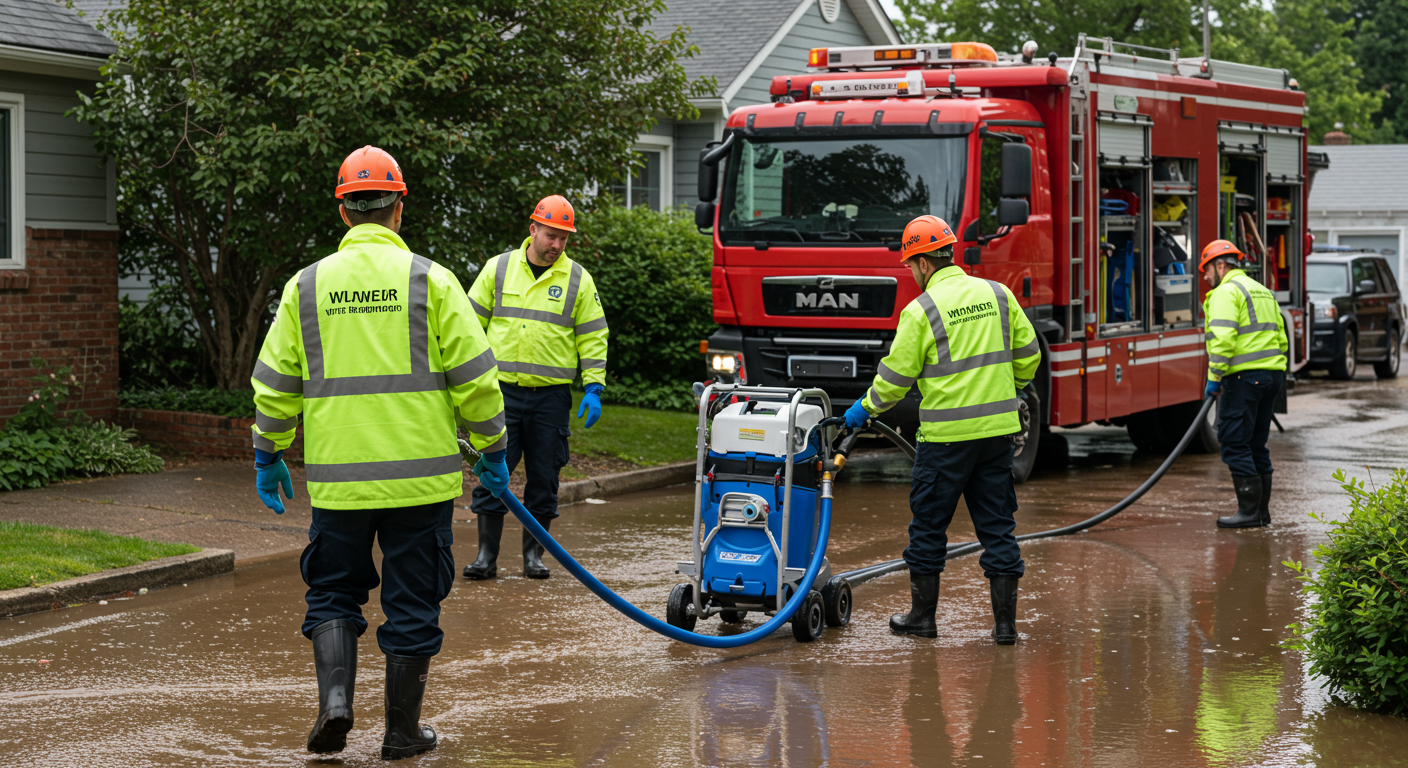A professional water damage cleanup team in bright uniforms quickly responding to a flooded residential area. They are using specialized equipment like water extractors and hoses.