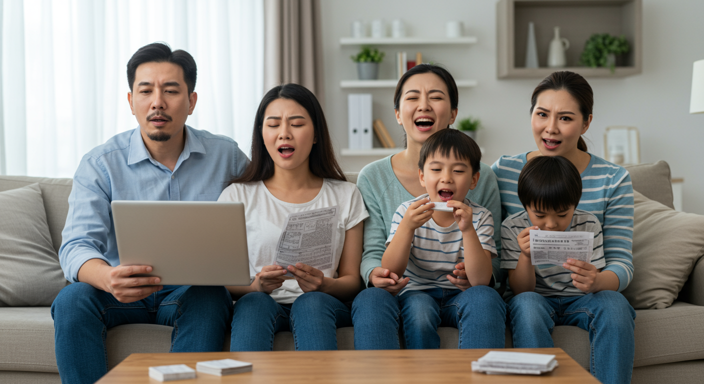 A family sitting together in their living room, looking relieved and happy after mold remediation. The room is bright and airy, showcasing a healthy living environment.