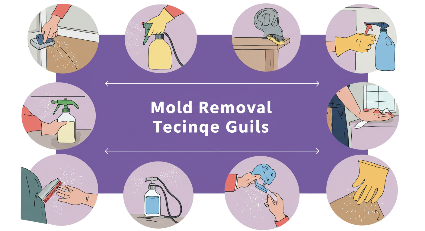 A step-by-step visual guide showing various mold removal techniques, such as scrubbing, spraying, and disposing of contaminated materials.