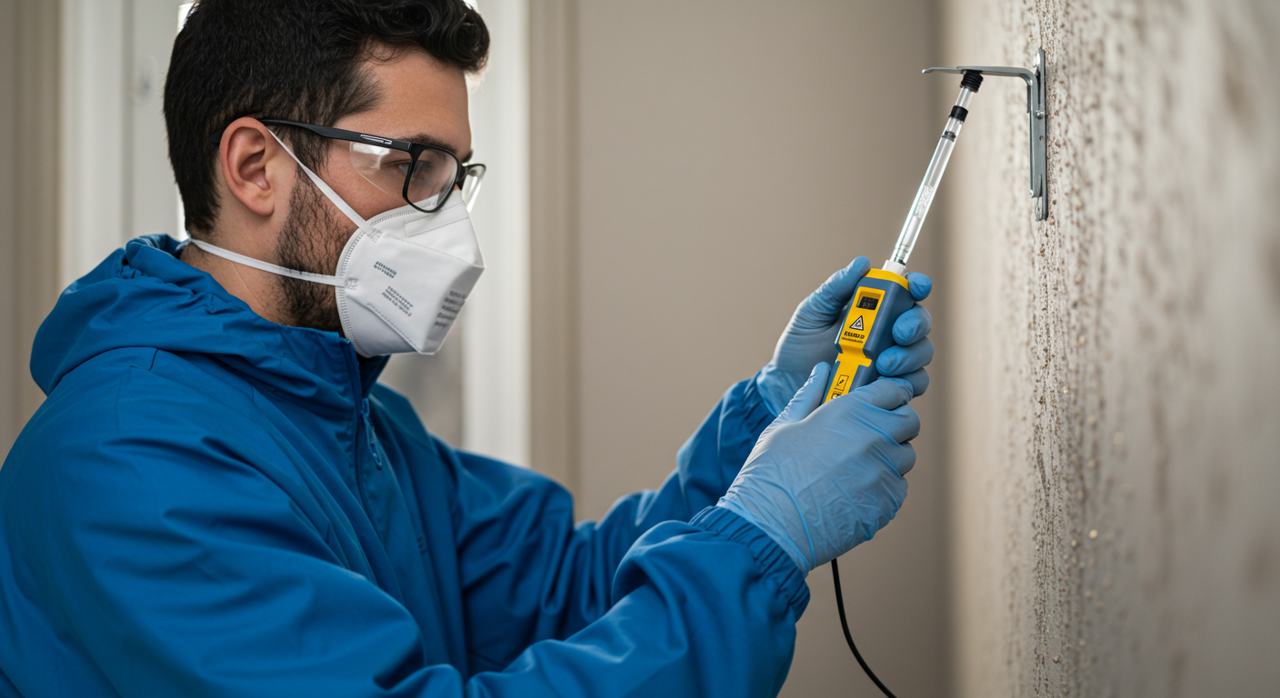 A professional mold inspector using a handheld device to test a wall for mold presence. The inspector is wearing protective gear, including gloves and a mask, to emphasize safety during the inspection process.