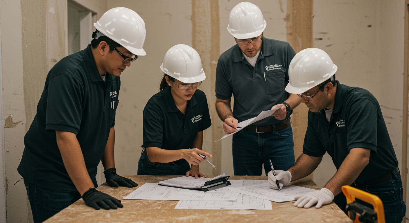 A restoration team collaborating on-site, discussing the restoration plan while examining a water-damaged area. The image captures teamwork and expertise in action.
