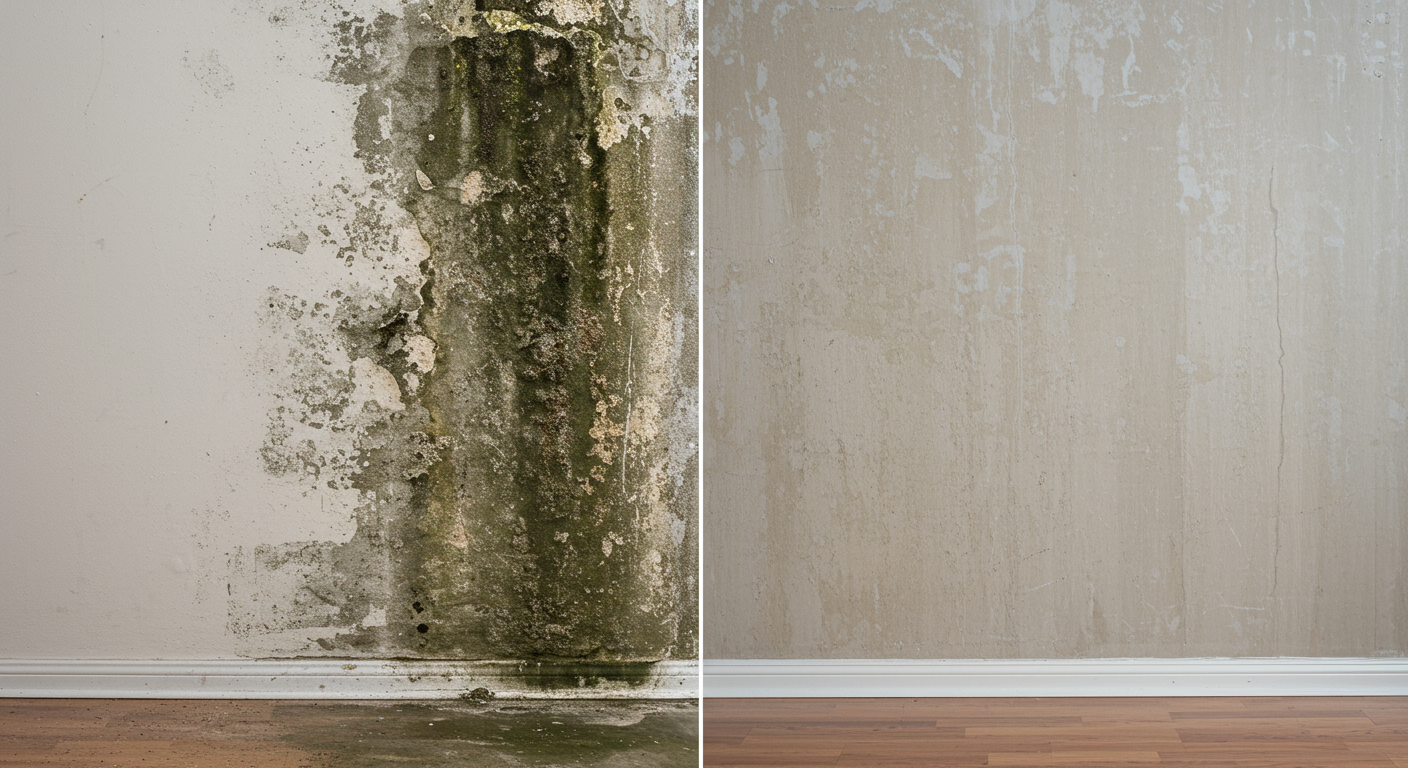 A split-screen image showing a mold-infested wall on one side and the same wall restored to a clean and fresh state on the other side.