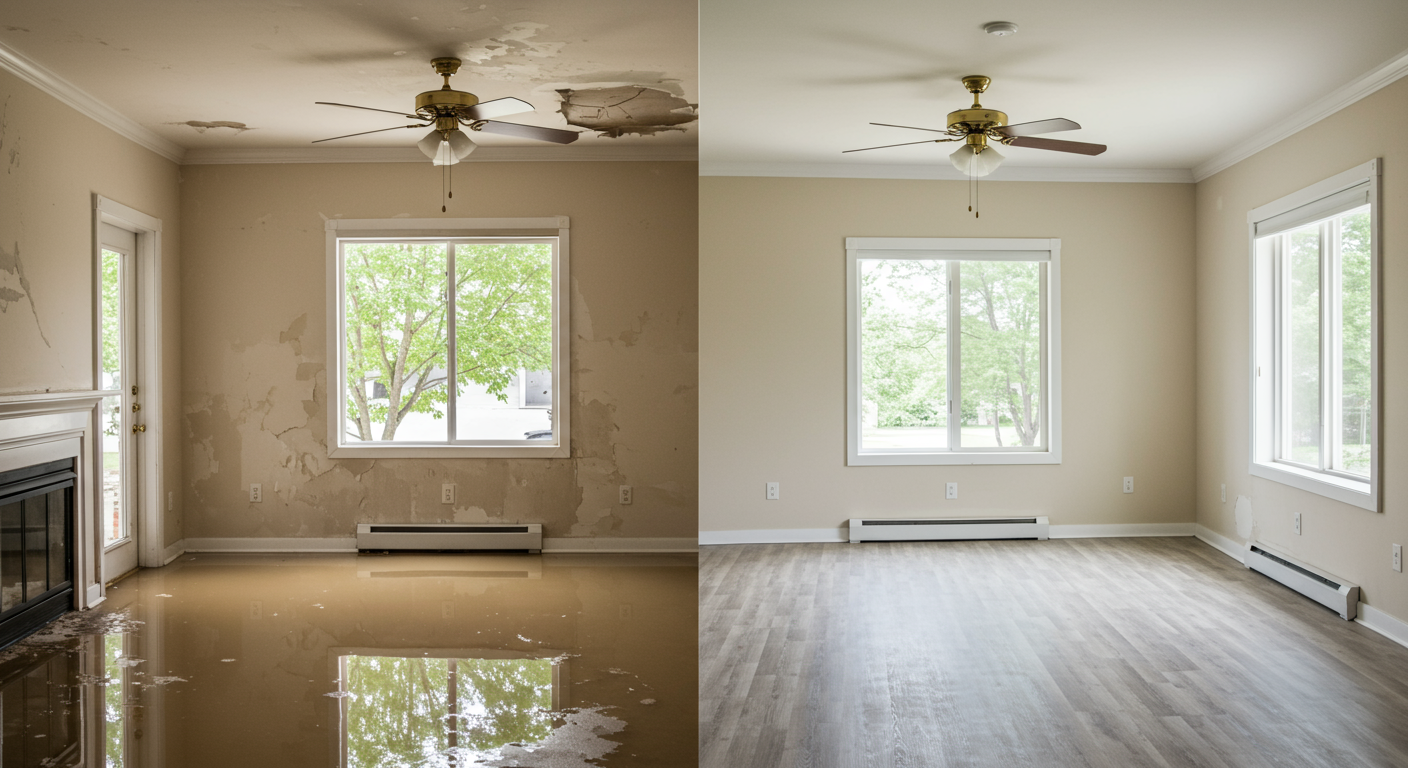 A split image showing a room before water damage restoration (flooded and damaged) on one side and the same room after restoration (clean and restored) on the other side.