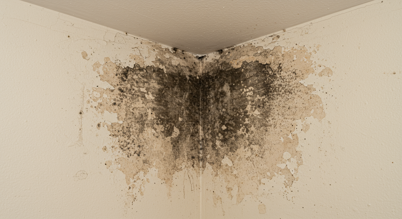 A close-up of a mold-affected wall in a Los Angeles home, showing black mold growth in a corner with peeling paint and moisture stains. The image captures the severity of the mold problem and emphasizes the need for professional removal services.