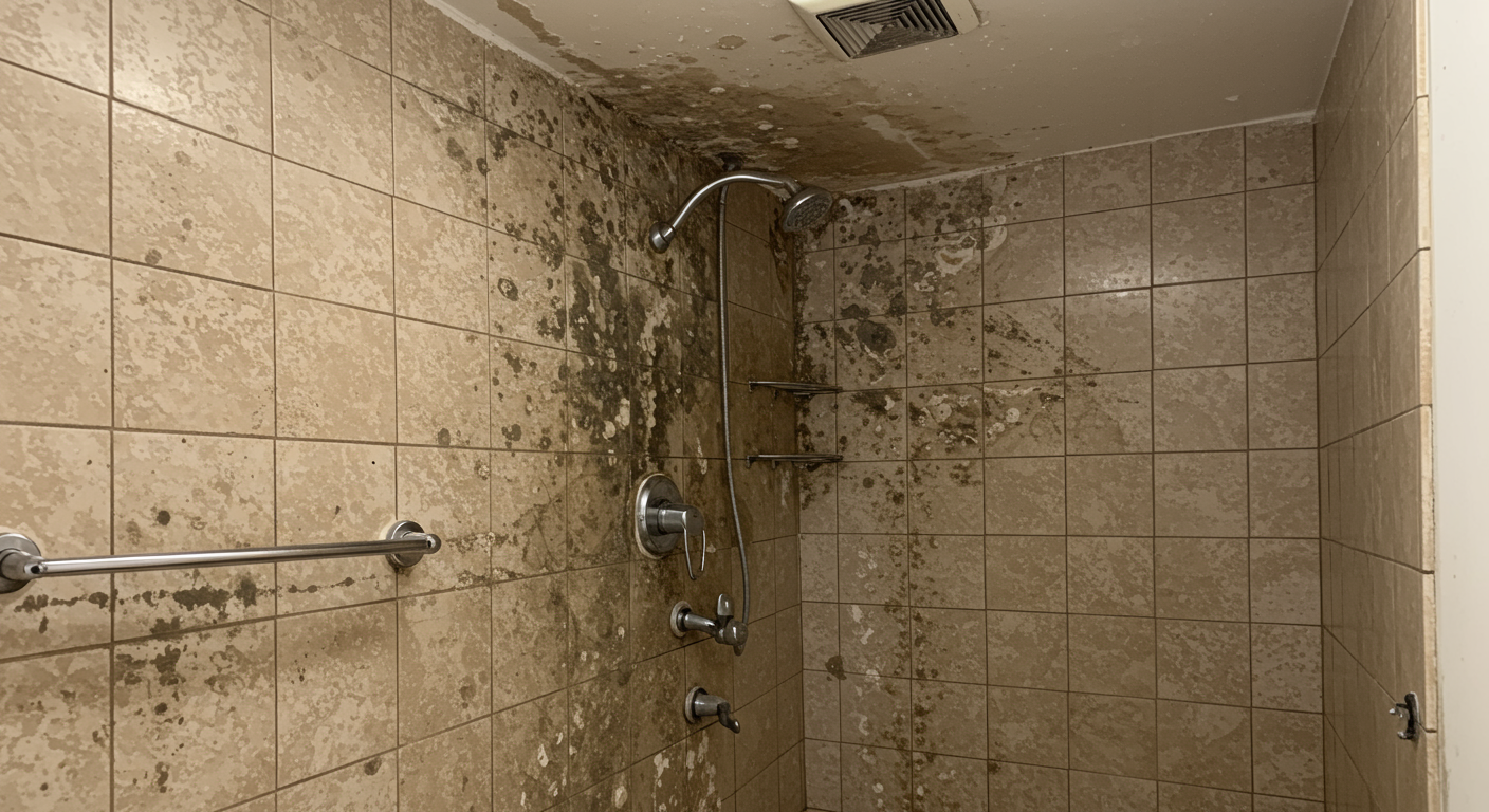 A Los Angeles residential bathroom with visible mold growth around the shower tiles and ceiling. The image emphasizes common areas prone to mold and the need for professional inspection.