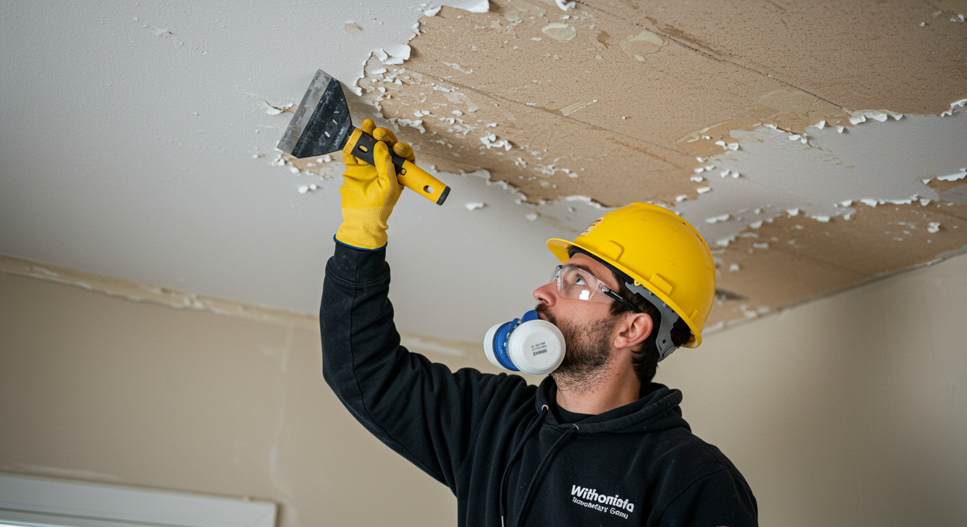 A professional contractor wearing protective gear and using a scraper to remove a popcorn ceiling. The contractor is focused and working methodically.
