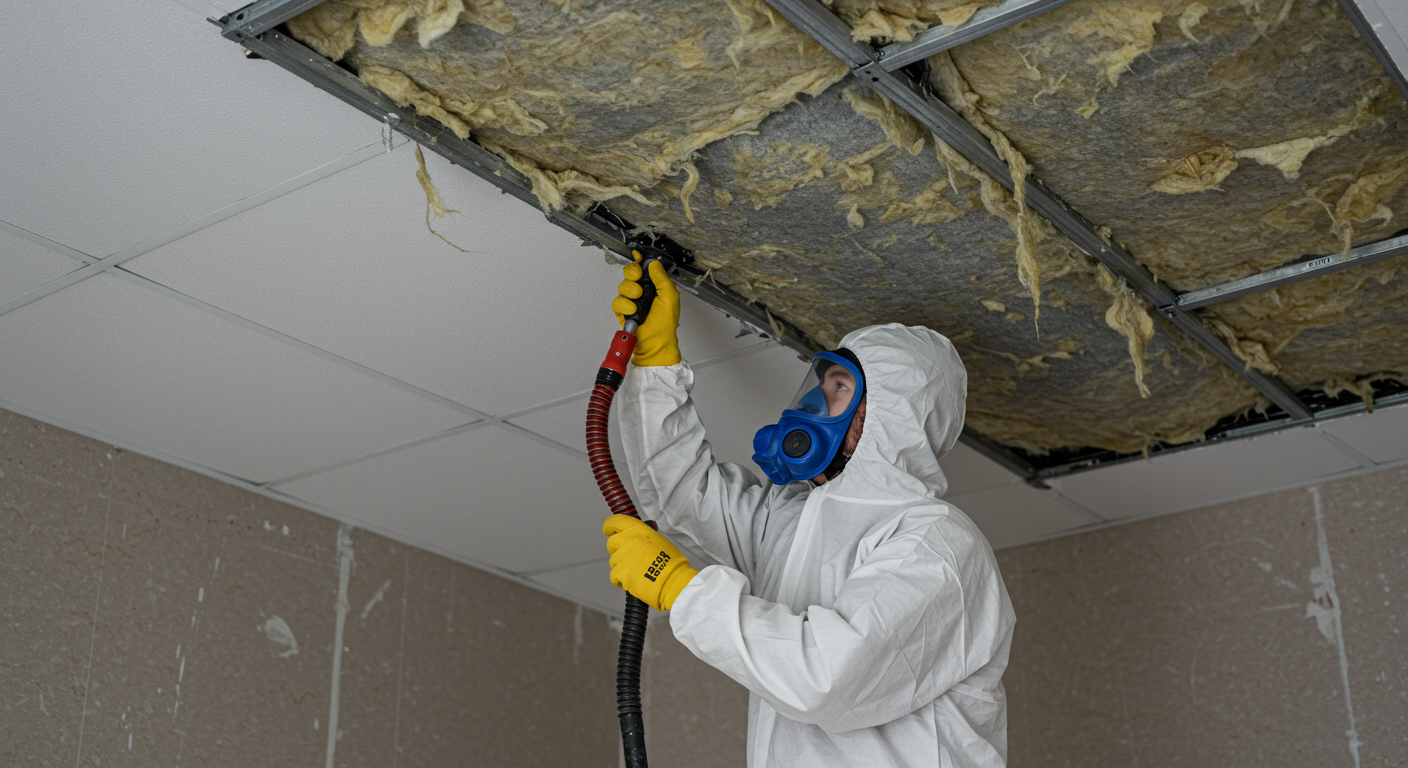 A professional in protective gear carefully removing asbestos insulation from a ceiling. The focus is on the technician's meticulous work, showcasing safety measures in action.
