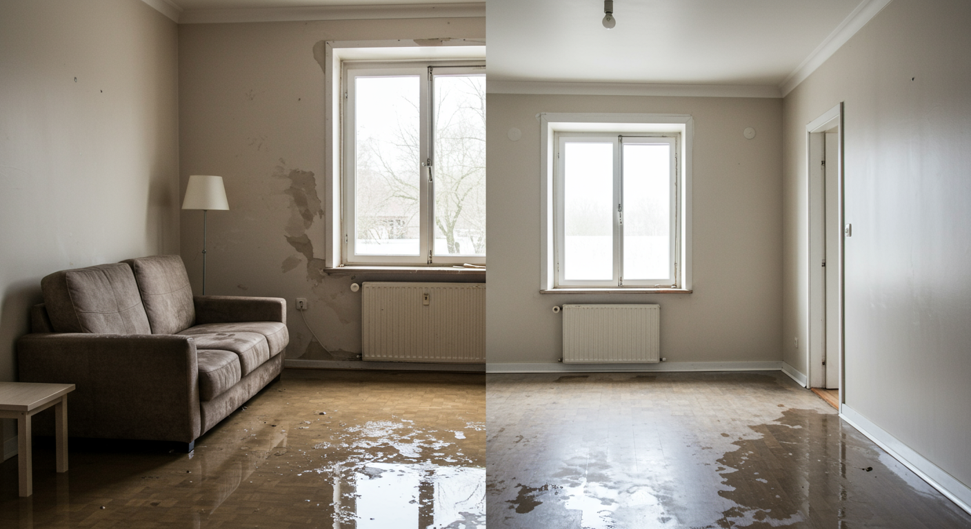 A split image showing a room before and after water damage restoration. The left side depicts waterlogged furniture and wet walls, while the right side shows a clean, restored space.