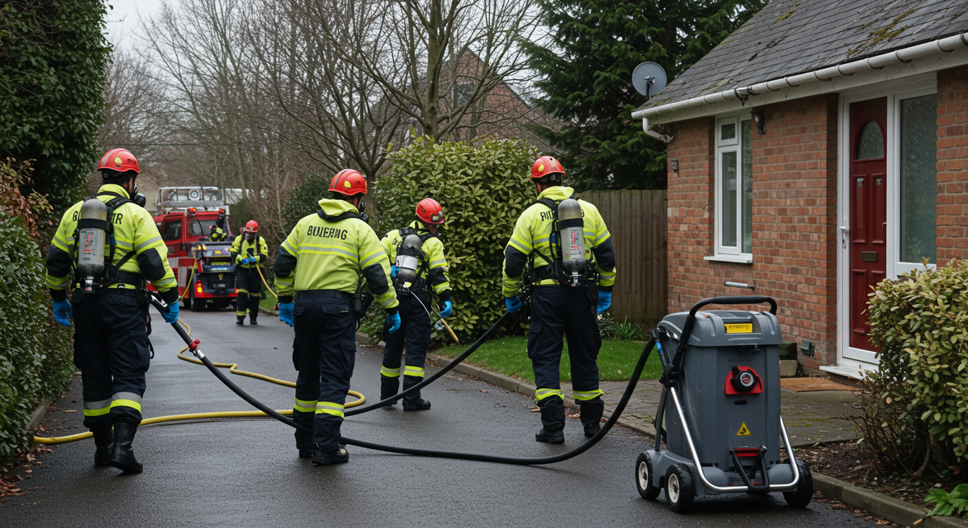 A team of emergency responders in protective gear quickly addressing a water damage situation in a residential area. The image captures urgency and professionalism, with water extraction equipment and safety measures in place.