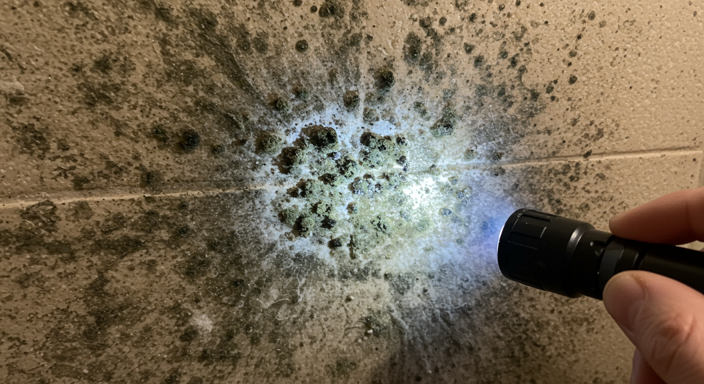 A close-up shot of a bathroom wall showing visible mold growth, with a person inspecting it closely using a flashlight.