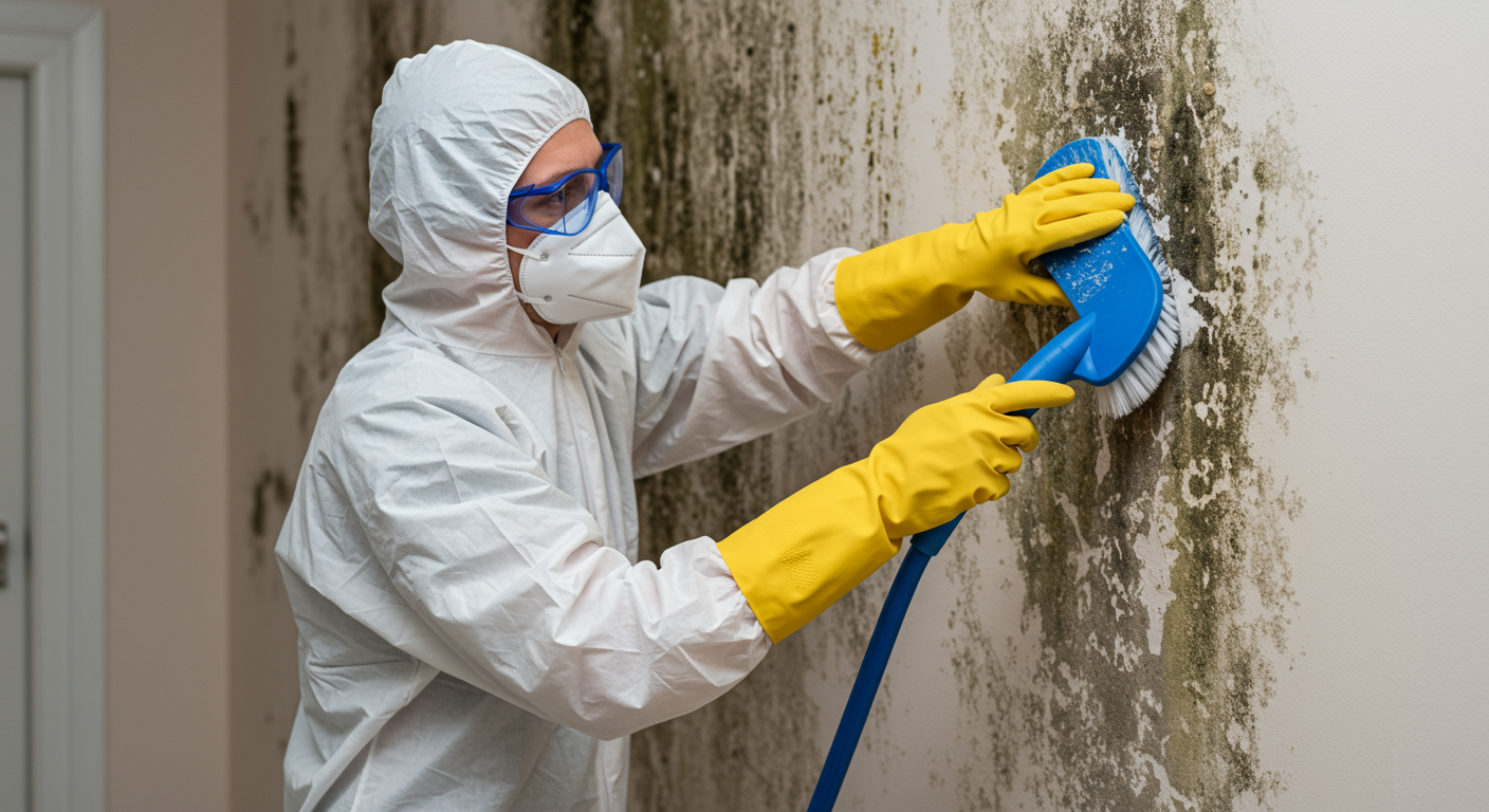 A professional cleaner in protective gear actively scrubbing a wall affected by mold, showcasing the cleaning process.