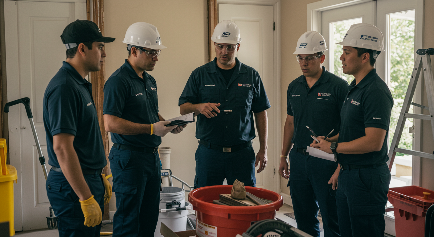 A team of restoration professionals collaborating in a Los Angeles home, discussing the next steps for water damage restoration.