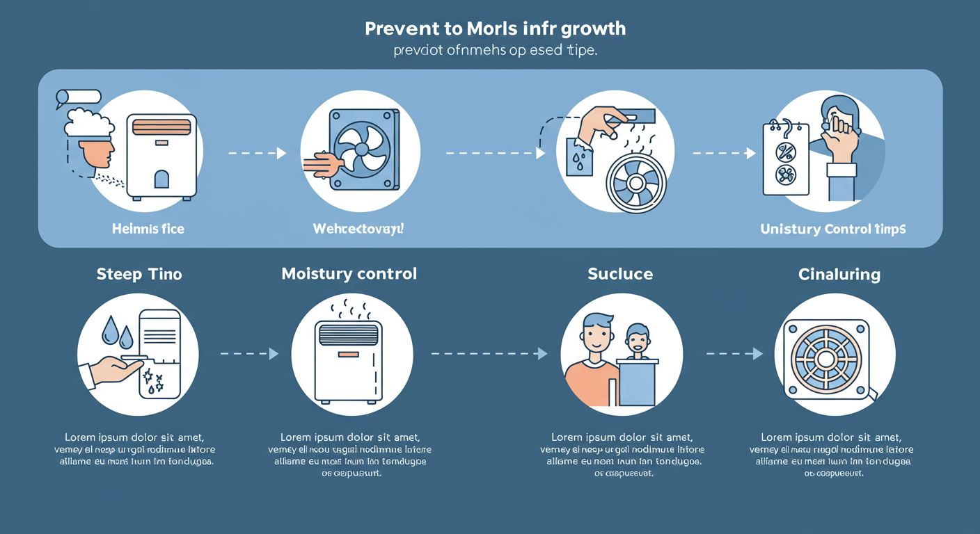 An infographic-style image depicting the steps to prevent mold growth in a home. It includes visual elements like a dehumidifier, ventilation fans, and moisture control tips.